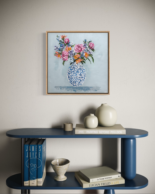 Floral painting by Anjana Rai displayed above a console table