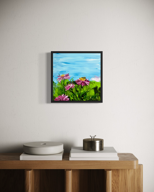 Its Spring floral painting displayed on a light wall above a wooden console